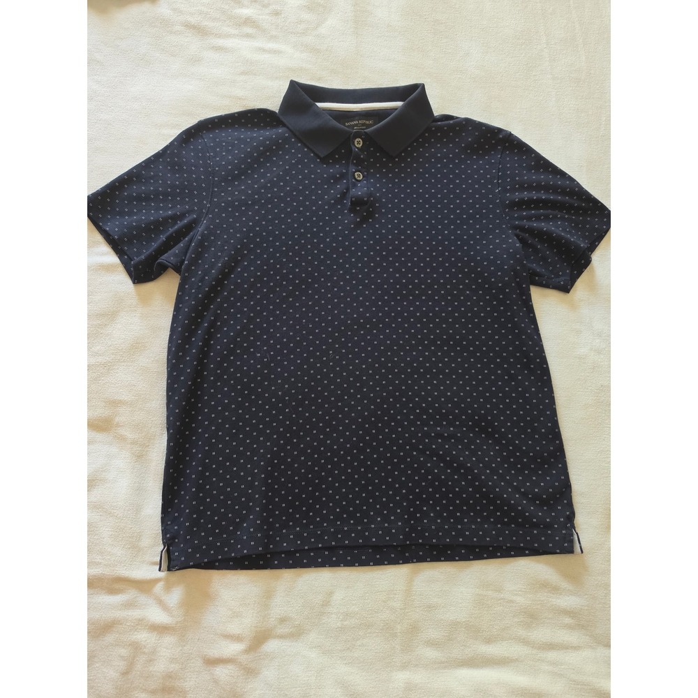 Banana Republic Mens Dress Polo Shirt Navy Blue Geometric Micro Print Large L
